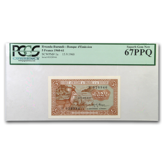 1960-61 Kingdom of Rwanda 5 Francs Gem CU-67 PPQ PCGS 1960-61 Kingdom of Rwanda 5 Francs Gem CU-67 PPQ PCGS